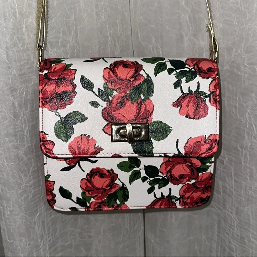 DISNEY Beauty & The Beast Rose Floral Gold Tone Faux Leather Mini Crossbody Bag